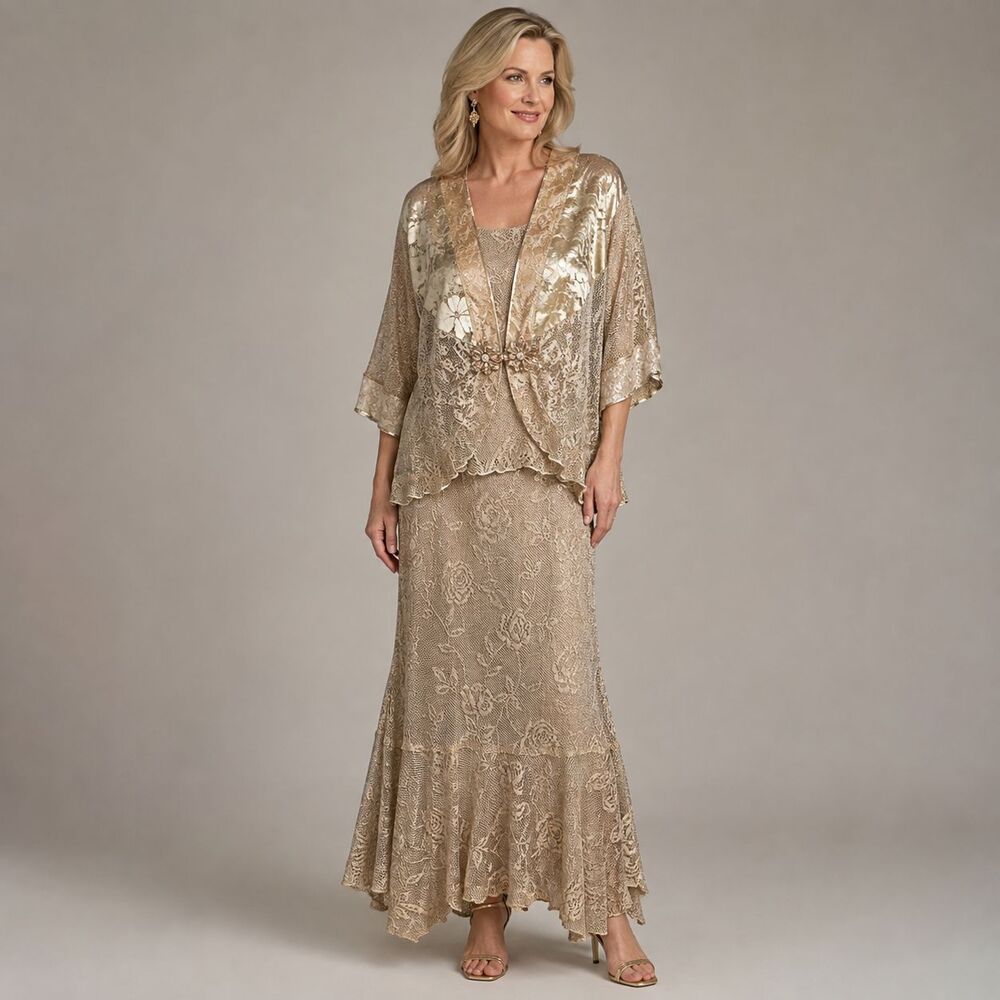 Spencer Alexis 3 Piece Skirt Set XL Metallic Gold Silk Lace Jacket Tank Maxi